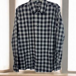 Express Button Front Shirt Mens XL Black Gray Plaid Modern Fit Neck 17.5 Casual